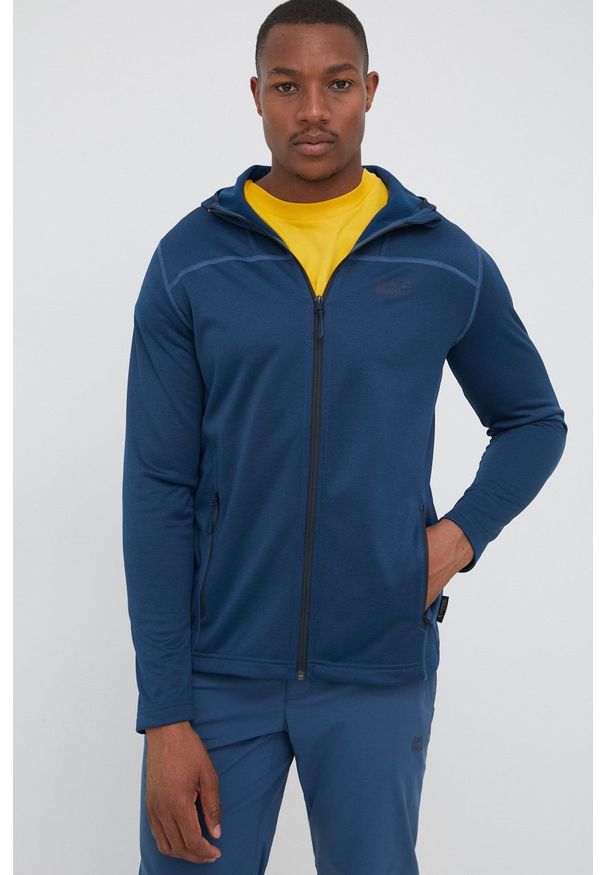 Jack Wolfskin bluza sportowa Horizon męska z kapturem gładka. Typ kołnierza: kaptur. Kolor: niebieski. Materiał: polar, materiał, włókno, skóra. Wzór: gładki. Styl: sportowy