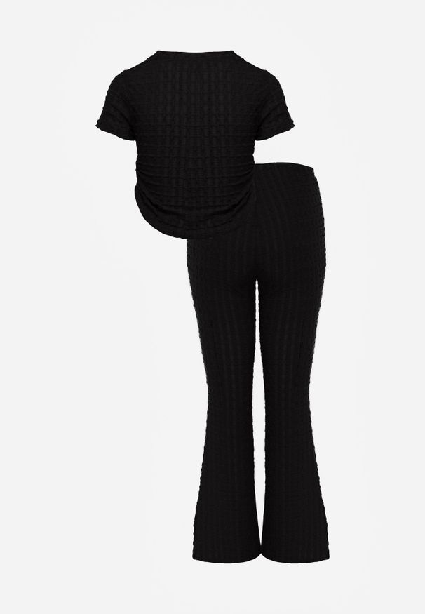 Renee - Czarny Tłoczony Komplet Spodnie Flare i Top z Marszczeniem w Talii Pimisia. Kolor: czarny. Materiał: materiał