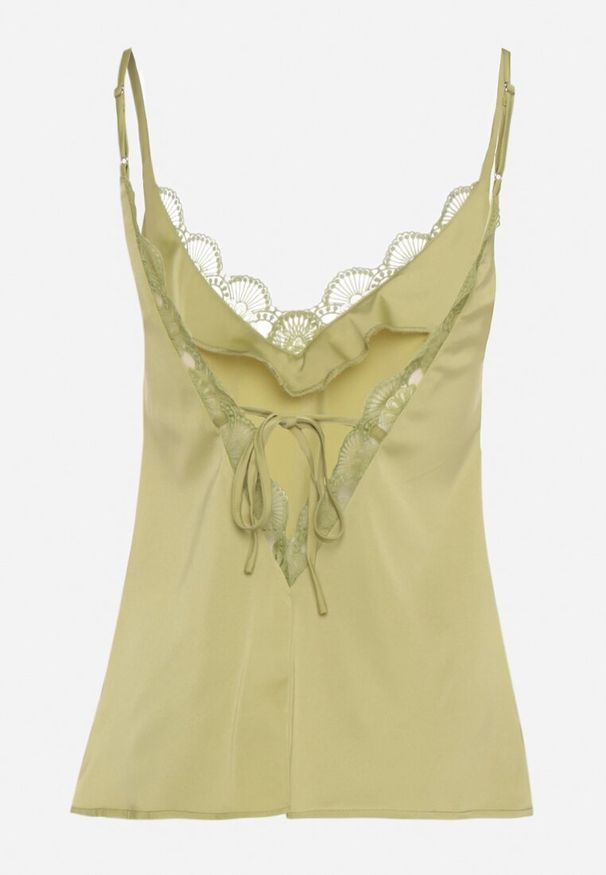 Born2be - Zielona Bluzka na Ramiączkach z Delikatną Koronką i Wiązaniem Deseniela. Okazja: na co dzień. Typ kołnierza: dekolt w kształcie V. Kolor: zielony. Materiał: koronka. Długość rękawa: na ramiączkach. Wzór: koronka. Styl: casual