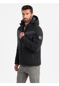 Ombre Clothing - Pikowana męska kurtka z łączonych materiałów z wysokim kołnierzem – czarna V1. Okazja: na co dzień. Kolor: czarny. Materiał: materiał. Wzór: aplikacja. Styl: sportowy, casual #3