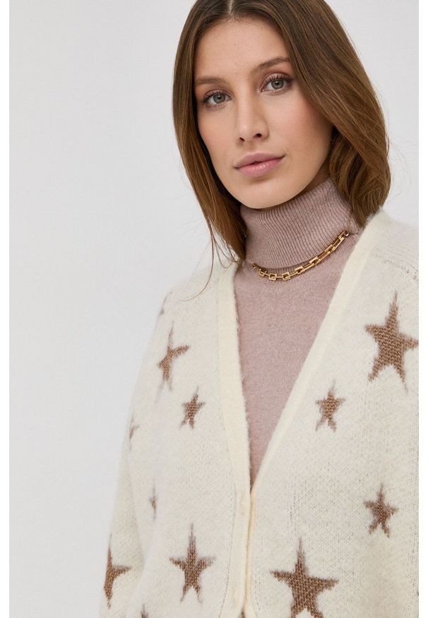 AllSaints Kardigan z domieszką wełny damski kolor beżowy ciepły. Kolor: beżowy. Materiał: wełna. Długość rękawa: raglanowy rękaw