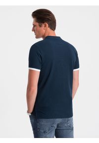 Ombre Clothing - Koszulka męska polo bez kołnierzyka - granatowa V4. Typ kołnierza: polo, bez kołnierzyka. Kolor: niebieski. Materiał: bawełna. Długość: długie #5