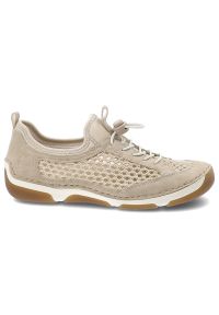 Półbuty damskie Rieker, cholewka ze skóry ekologicznej z przewiewnymi wstawkami z siateczki elastyczne sznurowanie wsuwany fason, beżowe, 55960-60. Okazja: na co dzień, na spacer. Zapięcie: sznurówki. Kolor: beżowy. Materiał: skóra ekologiczna. Szerokość cholewki: normalna. Wzór: ażurowy. Sezon: lato. Styl: casual #4