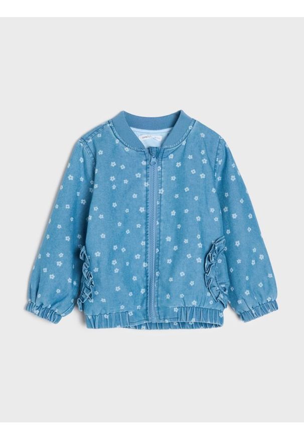 Sinsay - Jeansowa kurtka bomberka ze wzorem - niebieski. Kolor: niebieski. Materiał: jeans