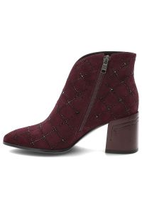 Bordowe Botki S.Barski Stylowe Buty Damskie. Zapięcie: zamek. Kolor: czerwony. Materiał: zamsz. Wzór: aplikacja, kratka. Obcas: na obcasie. Styl: elegancki. Wysokość obcasa: średni #5