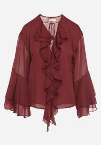 Born2be - Bordowa Bluzka w Rustykalnym Stylu z Wiązaniem i Falbankami Nenarea. Okazja: do pracy, na co dzień, na spotkanie biznesowe. Typ kołnierza: kołnierz z falbankami. Kolor: czerwony. Materiał: jeans. Styl: klasyczny, casual, elegancki, biznesowy #3