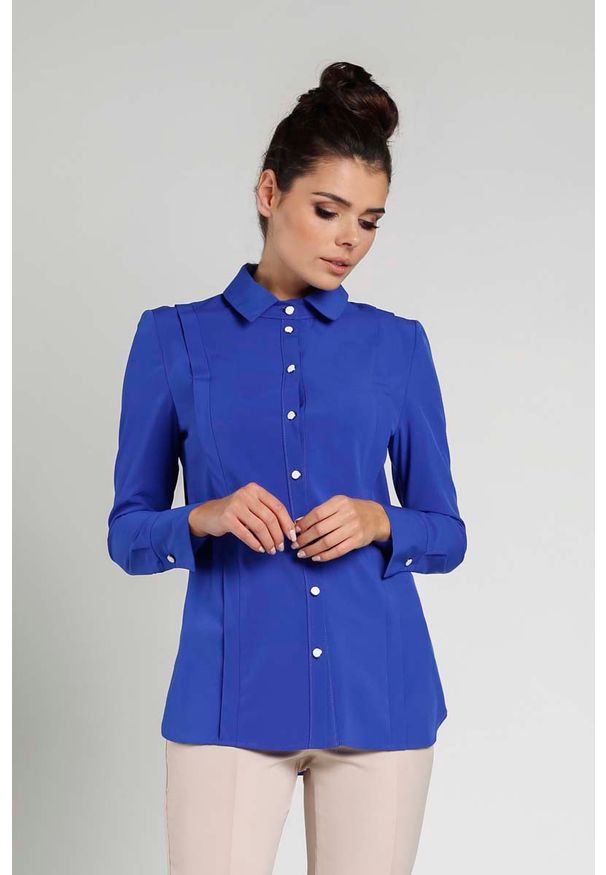 Nommo - Kobaltowa Koszula z Ozdobną Plisą. Kolor: niebieski. Materiał: poliester, wiskoza