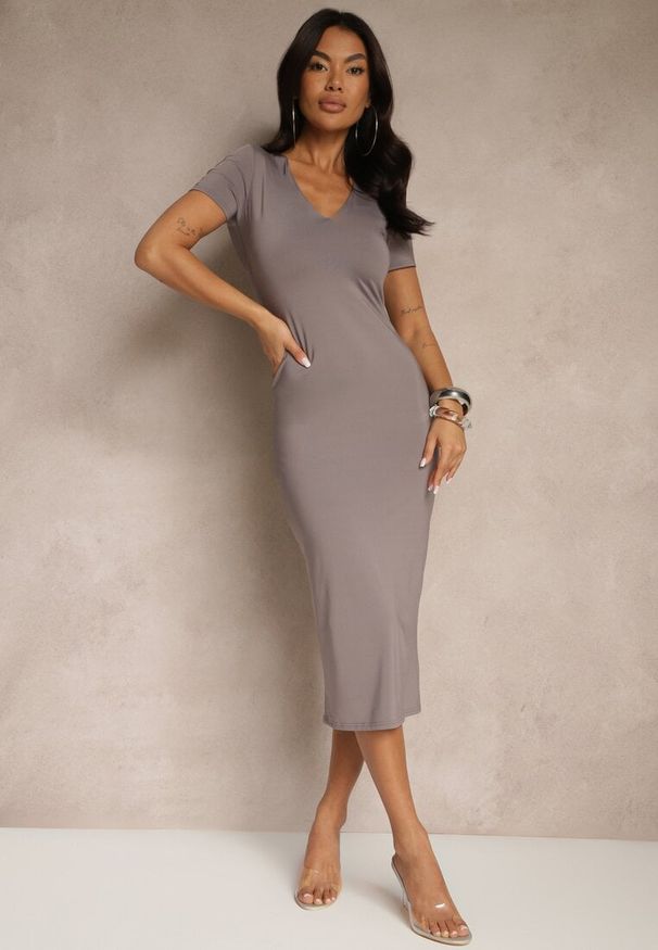 Renee - Szara Sukienka Bodycon o Dopasowanym Kroju z Dekoltem w V Efrerina. Okazja: na co dzień. Kolor: szary. Materiał: jeans. Długość rękawa: krótki rękaw. Typ sukienki: bodycon. Styl: klasyczny, casual, elegancki
