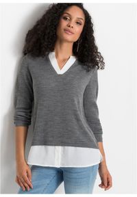 bonprix - Sweter z koszulową wstawką. Kolor: szary. Długość rękawa: długi rękaw. Długość: długie