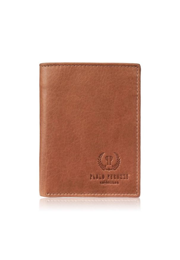 PAOLO PERUZZI - Portfel męski skórzany koniakowy klasyczny elegancki z ochroną RFID Paolo Peruzzi AY-10-CG. Materiał: skóra