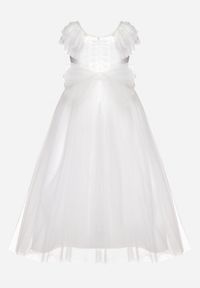 Born2be - Biała Rozkloszowana Tiulowa Sukienka z Perełkami i Falbanką Aperitva. Kolor: biały. Materiał: tiul. Wzór: aplikacja #7