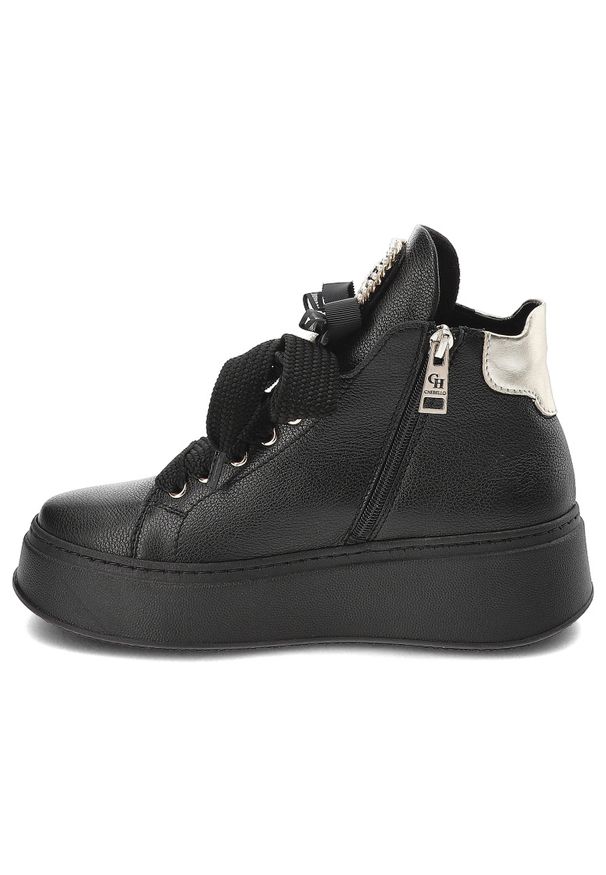 CheBello - Czarne Sneakersy Chebello Eleganckie Obuwie Damskie Z Broszką. Kolor: czarny. Materiał: materiał. Sezon: jesień. Obcas: na obcasie. Styl: elegancki. Wysokość obcasa: średni