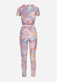 Born2be - Czerwono-Niebieski Komplet 2-Częściowy w Kwiatowy Print Top ze Sznurkiem i Legginsy Naerisande. Kolor: czerwony. Wzór: kwiaty, nadruk #3