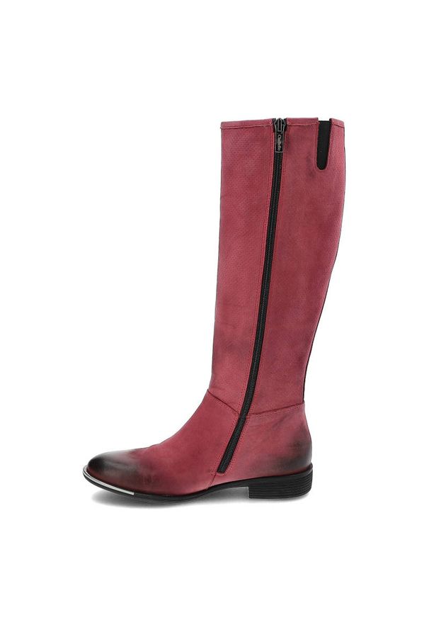 CheBello - Bordowe Kozaki Chebello Damskie Skórzane Buty. Kolor: czerwony. Materiał: skóra. Szerokość cholewki: normalna. Obcas: na obcasie. Wysokość obcasa: niski