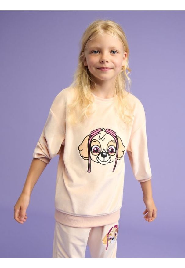 Sinsay - Bluza Psi Patrol - beżowy. Kolor: beżowy. Materiał: tkanina, welur. Długość: długie. Wzór: nadruk, haft