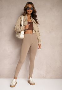 Renee - Ciemnobeżowe Legginsy z Gumką w Talii z Długimi Nogawkami Caleta. Okazja: na co dzień. Kolor: beżowy. Długość: długie. Styl: klasyczny, casual