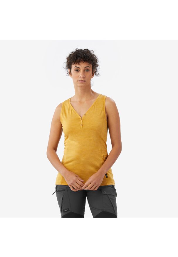 SIMOND - Koszulka na ramiączka trekkingowa damska Merino Fresh. Kolor: żółty, brązowy, wielokolorowy. Materiał: akryl, materiał, poliamid, wełna. Długość rękawa: na ramiączkach. Sezon: zima, lato. Sport: turystyka piesza