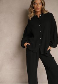 Renee - Czarny Bawełniany Komplet Muślinowy Oversize z Koszulą i Szerokimi Spodniami Ziorina. Kolor: czarny. Materiał: bawełna. Wzór: aplikacja #3