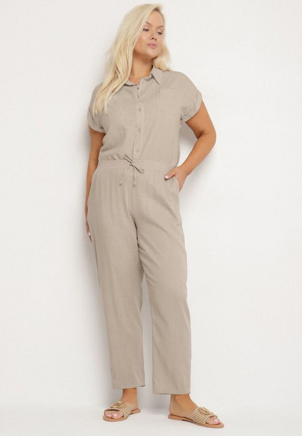 Born2be - Beżowe Spodnie z Lnem i Elastyczną Gumką w Pasie Nativena. Okazja: na co dzień. Kolekcja: plus size. Kolor: beżowy. Materiał: len. Styl: casual
