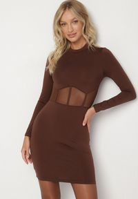Born2be - Brązowa Dopasowana Sukienka Vices Ozdobiona Gorsetową Przezroczystą Górą Axerne. Typ kołnierza: dekolt gorset. Kolor: brązowy. Wzór: aplikacja. Typ sukienki: gorsetowe. Styl: elegancki, klasyczny #5