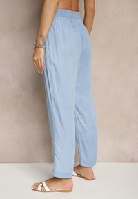 Renee - Niebieskie Spodnie z Bawełną High Waist Ozdobione Wiązaniem Calwia. Okazja: na co dzień. Stan: podwyższony. Kolor: niebieski. Materiał: bawełna. Wzór: aplikacja. Sezon: lato, wiosna. Styl: casual, elegancki #2