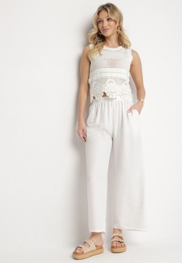 Born2be - Białe Szerokie Spodnie Palazzo z Wysokim Stanem Aranwenna. Okazja: na spacer, na co dzień. Stan: podwyższony. Kolor: biały. Styl: casual, elegancki