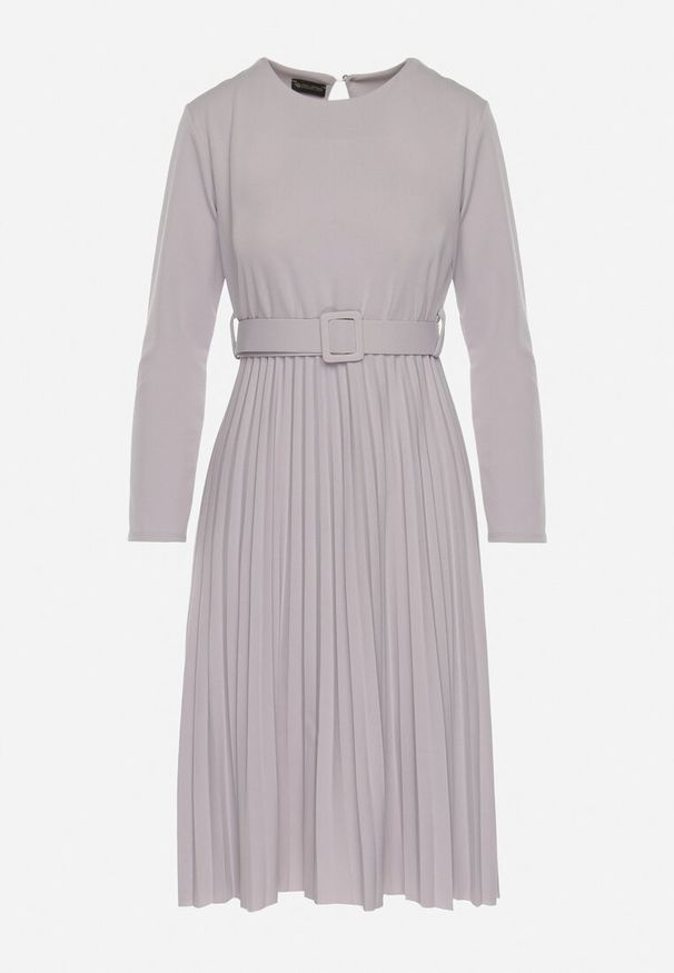Born2be - Jasnoszara Sukienka Midi z Plisowaną Spódnicą i Paskiem Ondinetta. Kolor: szary. Długość rękawa: długi rękaw. Sezon: wiosna, lato. Styl: elegancki. Długość: midi