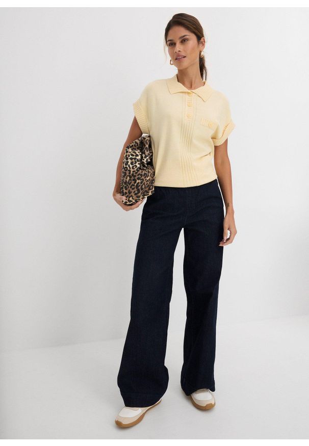 bonprix - Dżinsy ze stretchem wide leg, mid waist. Kolor: niebieski