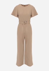 Renee - Beżowy Kombinezon VICES Ozdobiony Paskiem i Klamrą o Nieregularnym Kształcie Metilaeno. Kolor: beżowy. Wzór: aplikacja #5