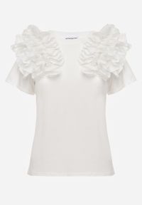 Renee - Biały T-shirt z Bawełny Ozdobiony Bufiastymi Falbankami Kandrra. Typ kołnierza: kołnierz z falbankami. Kolor: biały. Materiał: bawełna. Wzór: aplikacja #8