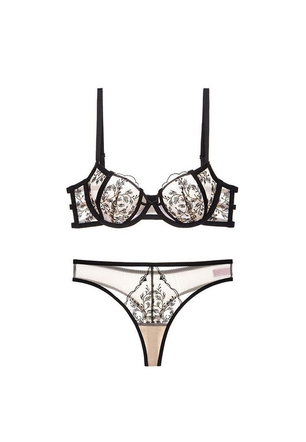 Intica - Komplet bielizny z kwiatowym haftem Carlene. Kolor: beżowy. Materiał: tkanina. Wzór: kwiaty, haft