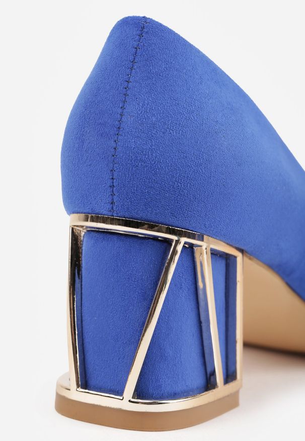 Born2be - Niebieskie Czółenka Vices na Ozdobnym Słupku ze Skórzaną Wkładką Arvisel. Okazja: do pracy, na spotkanie biznesowe. Kolor: niebieski. Materiał: skóra. Wzór: aplikacja. Obcas: na słupku. Styl: elegancki, biznesowy, klasyczny