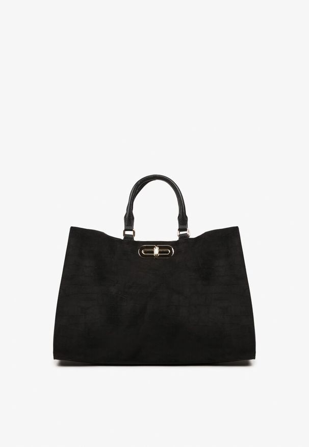 Born2be - Czarna Torebka Shopperka z Imitacji Zamszu z Rączkami i Paskiem na Ramię Tamelle. Kolor: czarny. Materiał: zamszowe. Styl: biznesowy, casual. Rodzaj torebki: na ramię
