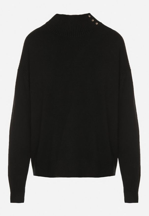 Born2be - Czarny Golf z Metalicznymi Guzikami Aderlia. Okazja: do pracy, na co dzień, na spotkanie biznesowe. Typ kołnierza: golf. Kolor: czarny. Materiał: jeans. Styl: klasyczny, casual, elegancki, biznesowy