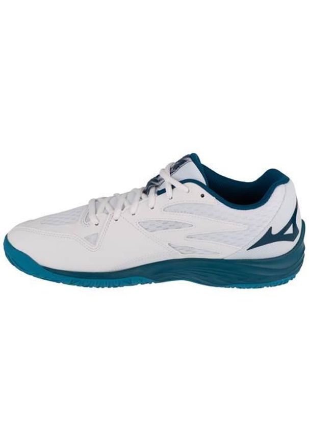 Buty siatkarskie męskie Mizuno Thunder Blade. Zapięcie: sznurówki. Kolor: wielokolorowy, niebieski, biały. Materiał: tkanina, guma, materiał, syntetyk. Szerokość cholewki: normalna. Sport: siatkówka, piłka ręczna