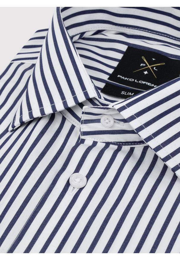 Pako Lorente - PAKO LORENTE – Bawełniana koszula męska w granatowe paski. Kolor: niebieski. Materiał: bawełna. Długość rękawa: długi rękaw. Długość: długie. Wzór: paski