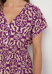 Born2be - Ciemnofioletowa Bawełniana Sukienka z Dekoltem w Serek Zapinana na Guziki z Gumką w Pasie Kelea. Okazja: na co dzień. Typ kołnierza: dekolt w serek. Kolor: fioletowy. Materiał: bawełna. Typ sukienki: proste. Styl: wizytowy, casual, klasyczny, elegancki #3