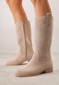 Renee - Ciemnobeżowe Ażurowe Botki z Geometryczną Ozdobą Naeraste. Okazja: na co dzień. Kolor: beżowy. Materiał: jeans. Wzór: geometria, ażurowy, aplikacja. Styl: casual #3