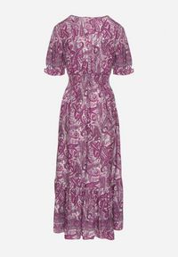 Born2be - Ciemnoróżowa Bawełniana Sukienka o Rozkloszowanym Kroju we Wzór Paisley Folurelle. Typ kołnierza: dekolt w serek. Kolor: fioletowy. Materiał: bawełna. Długość rękawa: krótki rękaw. Wzór: paisley. Styl: klasyczny, elegancki #5