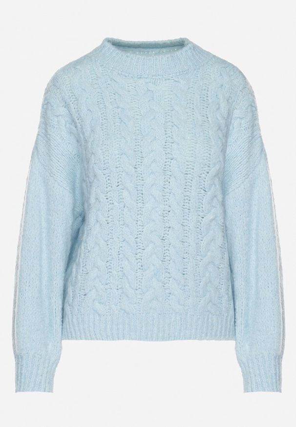 Born2be - Niebieski Sweter z Wełną Zdobiony Warkoczowym Splotem Lakkaria. Okazja: na co dzień. Kolor: niebieski. Materiał: wełna. Długość rękawa: długi rękaw. Długość: długie. Wzór: aplikacja, ze splotem. Styl: elegancki, casual