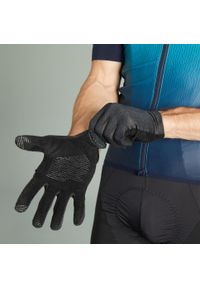 ROCKRIDER - Rękawiczki MTB Race Grip. Kolor: czarny. Materiał: włókno, materiał, skóra. Wzór: paski. Sport: bieganie