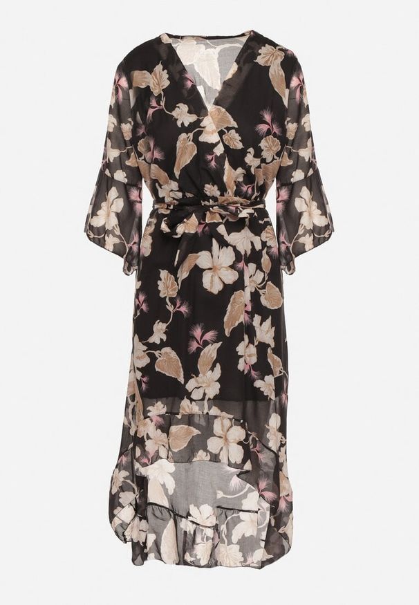 Born2be - Czarna Bawełniana Sukienka Kopertowa o Asymetrycznym Kroju z Wiązanym Paskiem Niteira. Okazja: na randkę, na co dzień. Typ kołnierza: dekolt w kształcie V. Kolor: czarny. Materiał: bawełna. Typ sukienki: asymetryczne, kopertowe. Styl: casual