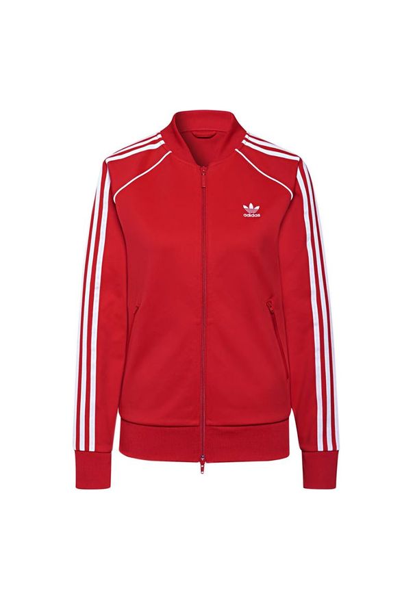 Adidas - Bluza adidas Originals Primeblue SST Track Jacket H18189 - czerwona. Kolor: czerwony. Materiał: bawełna, poliester, elastan, materiał, dzianina. Wzór: ze splotem, aplikacja. Styl: retro, klasyczny, sportowy