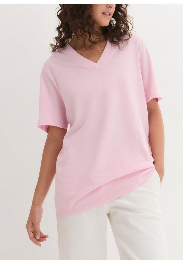 bonprix - Długi i szeroki T-shirt z dekoltem w serek, krótki rękaw (5 sztuk). Okazja: na co dzień. Typ kołnierza: dekolt w serek. Kolor: różowy. Długość rękawa: krótki rękaw. Długość: krótkie. Sezon: lato. Styl: casual