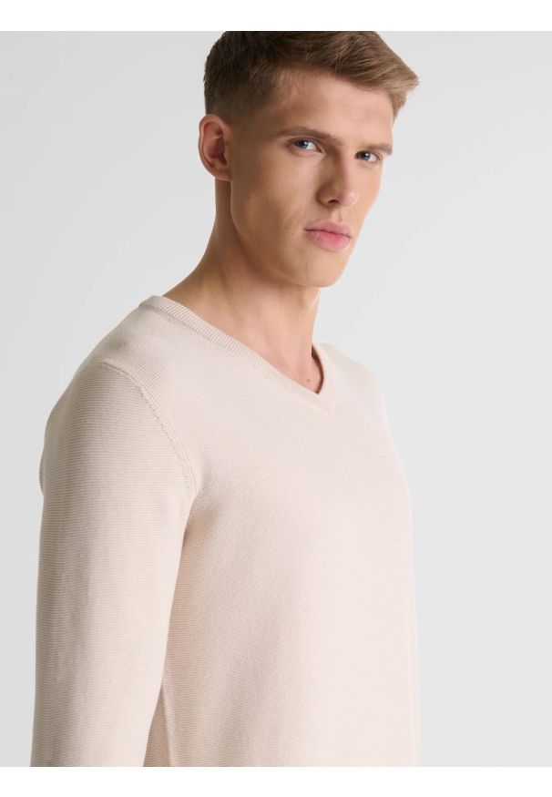 Big-Star - Sweter męski bawełniany klasyczny z dekoltem w serek beżowy Vasonitex 801. Okazja: na co dzień. Typ kołnierza: dekolt w serek. Kolor: beżowy. Materiał: bawełna. Wzór: ze splotem. Styl: klasyczny