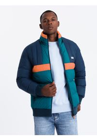 Ombre Clothing - Sportowa kolorowa kurtka męska w stylu retro – granatowo-pomarańczowa V3. Typ kołnierza: kołnierzyk stójkowy. Kolor: pomarańczowy. Materiał: guma, syntetyk, poliester, materiał. Wzór: kolorowy. Styl: retro, sportowy #4