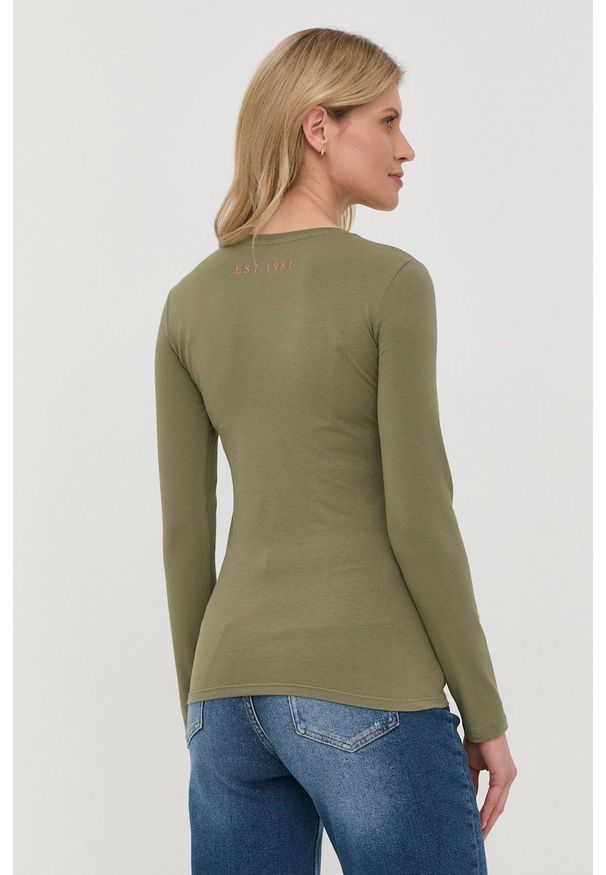 Guess longsleeve damski kolor zielony. Kolor: zielony. Materiał: dzianina. Długość rękawa: długi rękaw. Wzór: nadruk