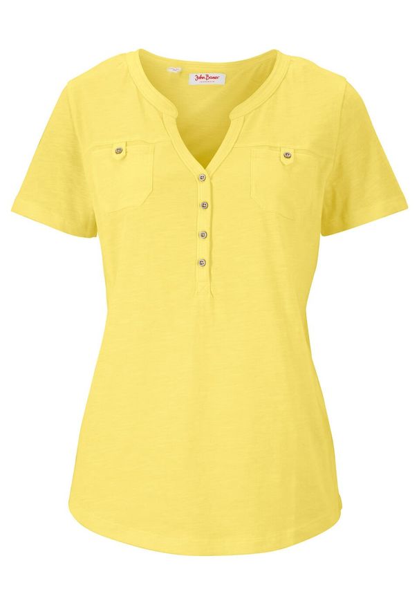 Shirt z bawełny organicznej, krótki rękaw bonprix jasna limonka. Typ kołnierza: typu henley. Kolor: żółty. Materiał: bawełna. Długość rękawa: krótki rękaw. Długość: krótkie