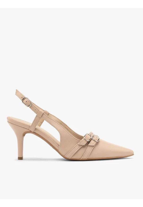 Ryłko - Czółenka slingback z dekoracyjnymi paskami. Zapięcie: pasek. Kolor: beżowy. Materiał: skóra. Szerokość cholewki: normalna. Obcas: na obcasie. Styl: street. Wysokość obcasa: średni