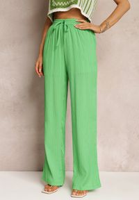 Renee - Ciemnozielone Spodnie Szerokie High Waist Tasia. Stan: podwyższony. Kolor: zielony. Materiał: tkanina. Wzór: aplikacja #3